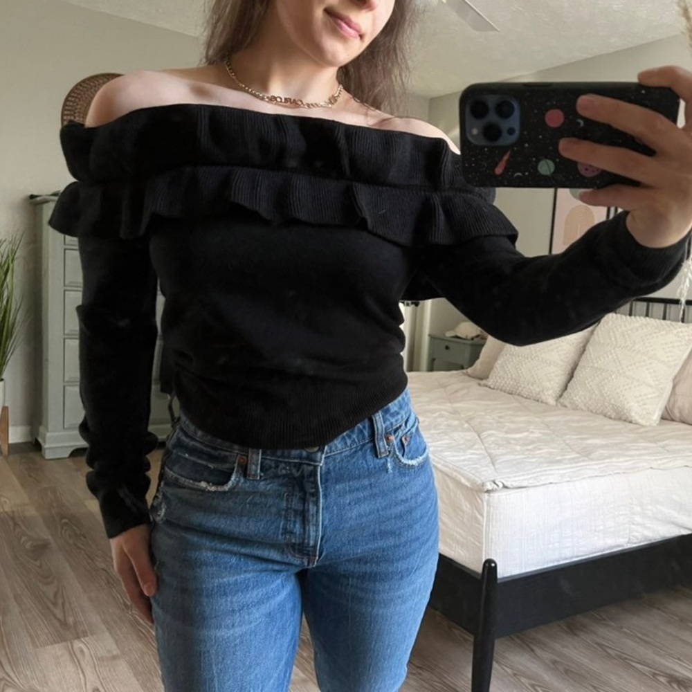Black off the shoulder black sweater from Fashion Nova